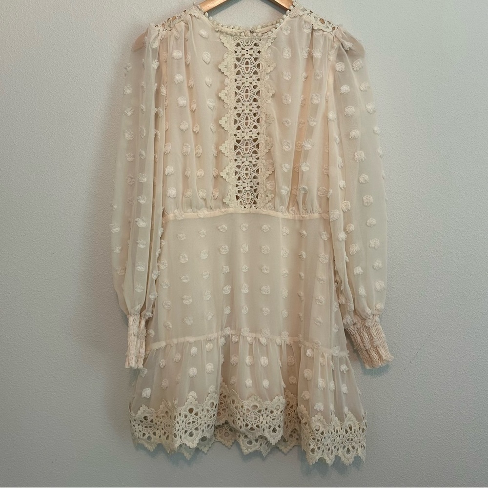 LULUS Women's Small Ivory Crochet Lace Flirty Flowy Cottagecore Chiffon Dress - Picture 3 of 5